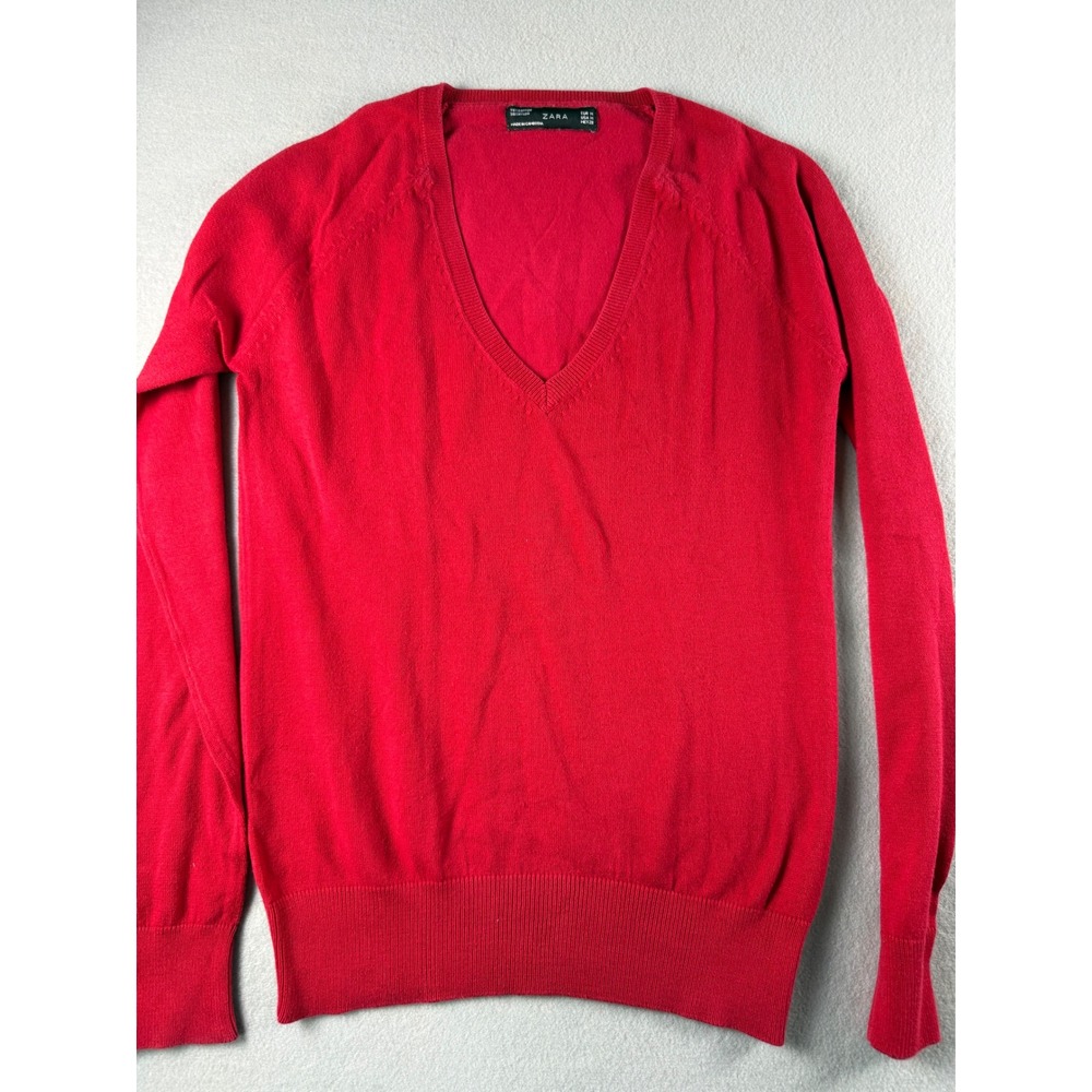 Zara Womens Red V-Neck Sweater Cotton Blend Knit Size M Medium Long Sleeve